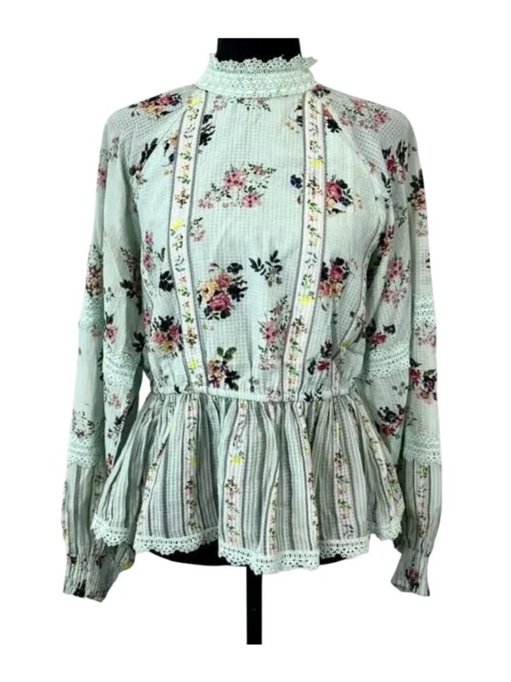 Hemant & Nandita Amour Blouse XS Mint Floral Lace Peplum MSRP $225